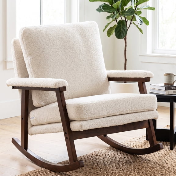 OMNIBERG Nursery Rocking Chair Upholstered Accent Rocking Chairs with Wood Frame, Glider Rocker Armchair with Wide Padded Seat for Living Room, Bedroom, White