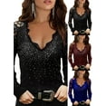 thumbnail image 3 of Gvmfive Women's Lace Stitching Solid Long Sleeve Hot Drilling V-Neck Casual Blouses, 3 of 4