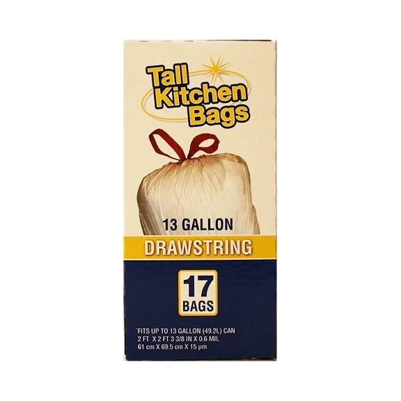 Basic Top Job Drawstring Tall Kitchen Bags, 13 gallon, 17 count