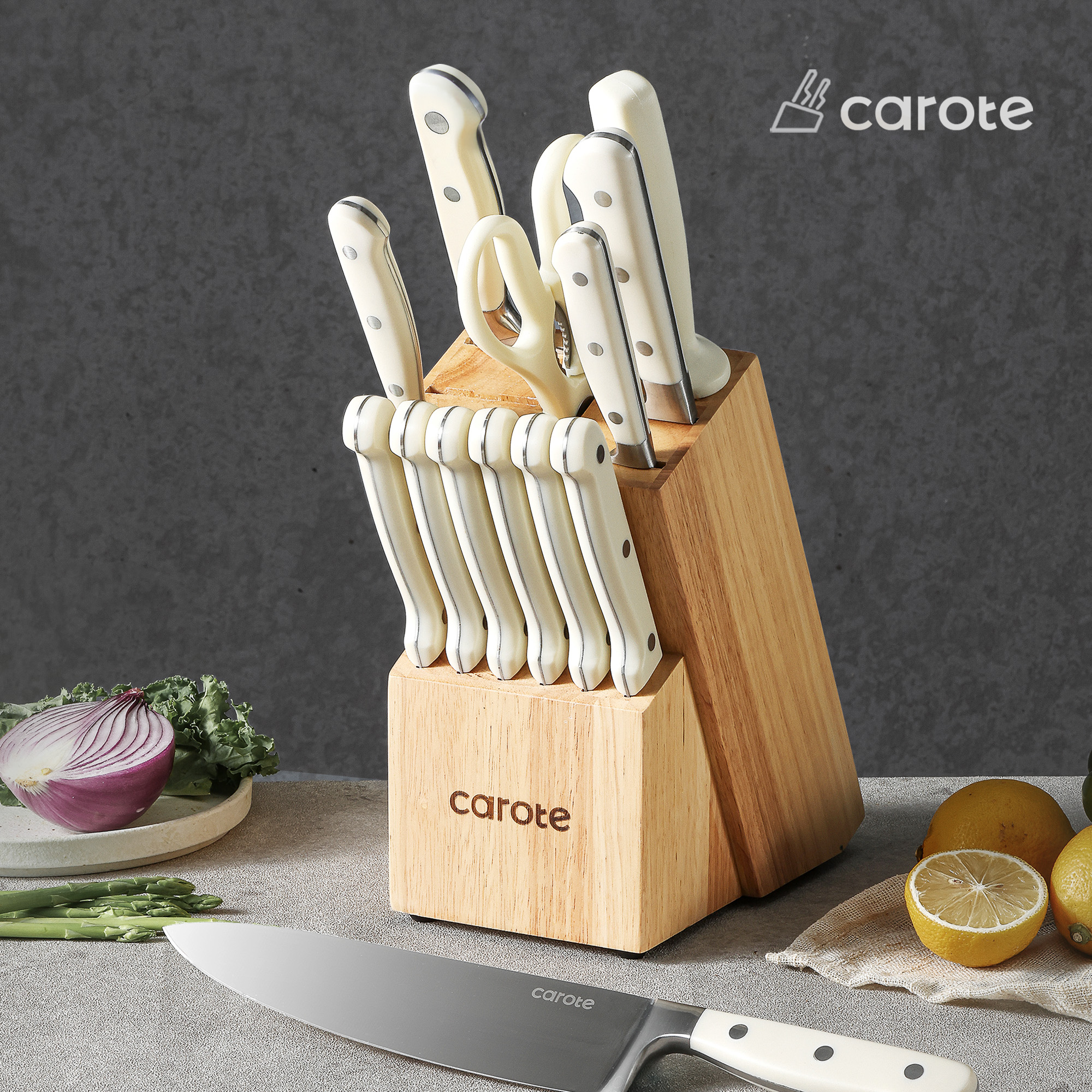 CAROTE 14 Pieces Knife Set with Wooden Block Stainless Steel Knives Dishwasher Safe with Sharp Blade Ergonomic Handle Forged Triple Rivet-Pearl White - image 4 of 6