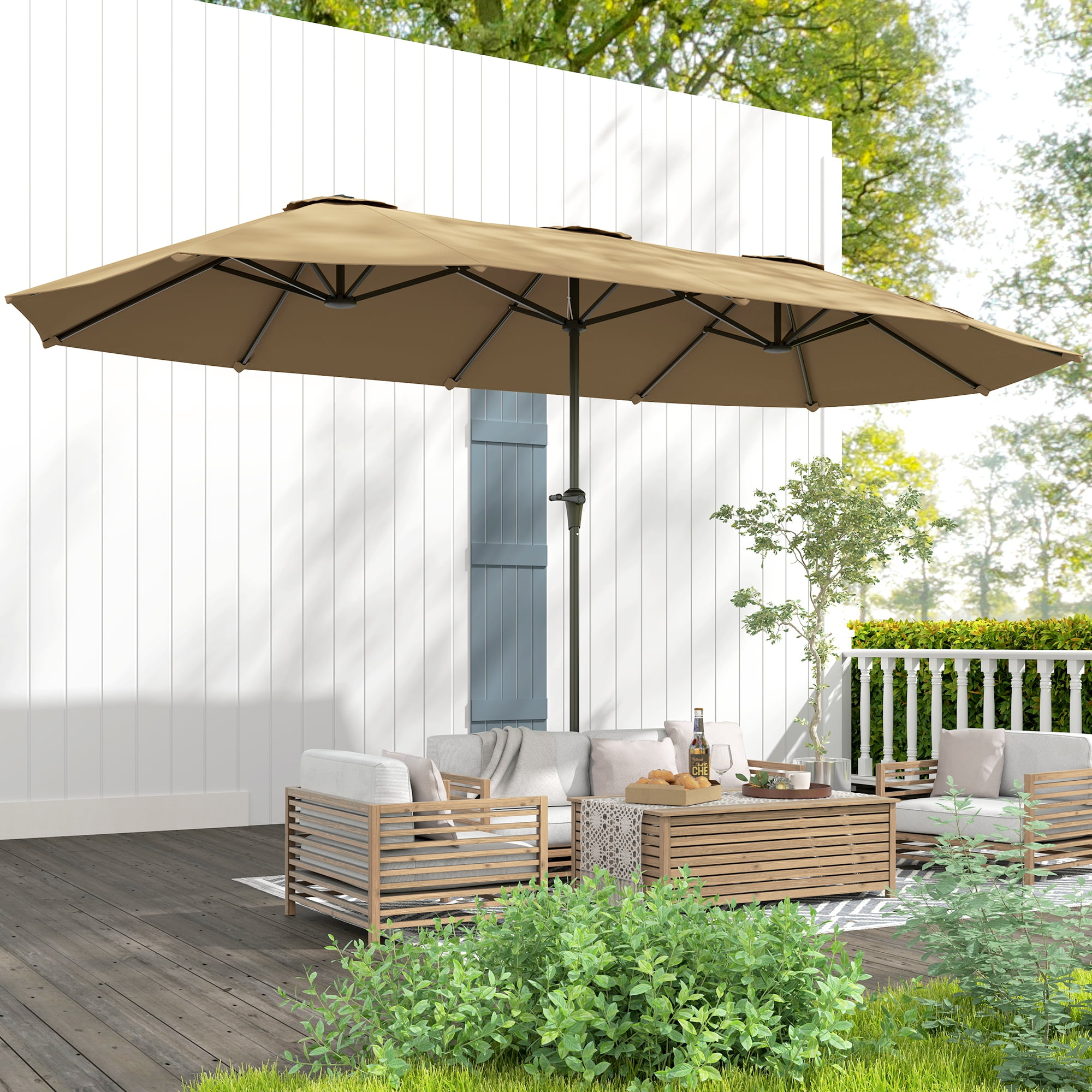 Outsunny 13 ft. Extra Large Patio Umbrella, UPF30+ Double Umbrella Outdoor Patio with Easy Crank Handle, Vents, Coffee