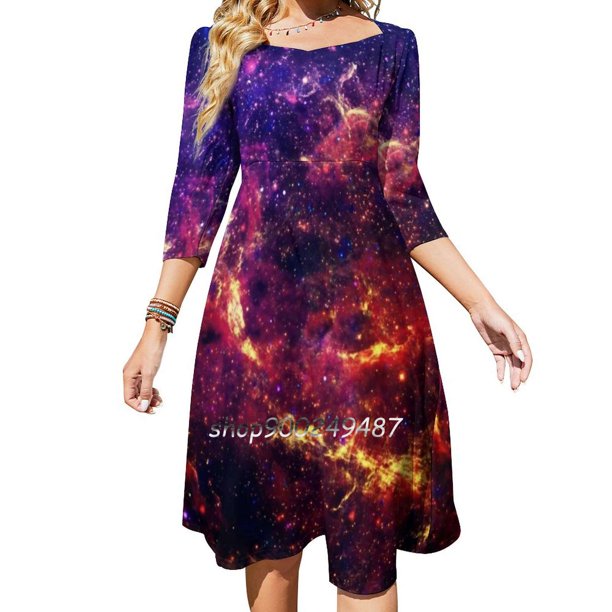 Vestido de escote cuadrado con forma de galaxia, nuevo vestido elegante de talla grande para mujer, vestido ceñido a la cintura, galaxia, espacio, nebulosa, Vía Láctea, universo, color, geek, nerd