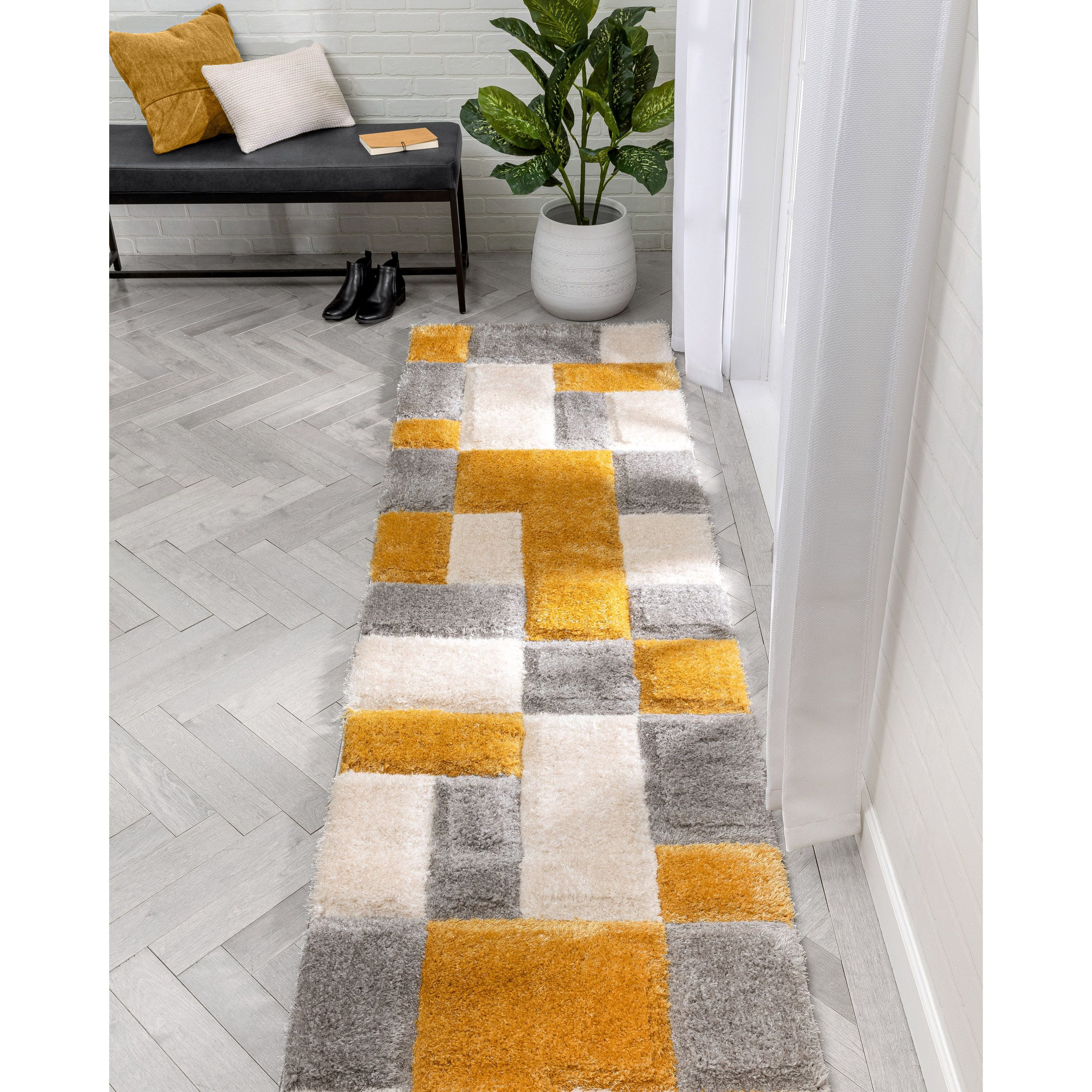 Well Woven San Francisco Escondido Yellow Modern Geometric Squares 2'7" x 9'10" Runner Area Rug