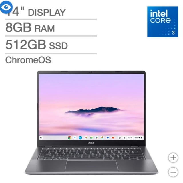 Acer Chromebook Plus 514 14” WUXGA Portable à Écran Tactile avec Google AI Intel Core 3 N355 8 Go 512 Go Chrome OS Gris