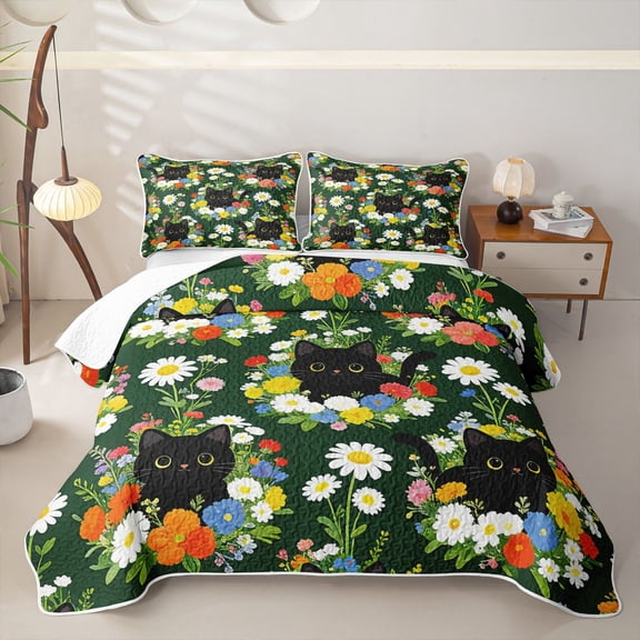 jejeloiu Colorful Wildflower Garden Twin Quilt Set Kids,Watercolor Floral Black Cat Twin Coverlet Set For Girls,2pcs