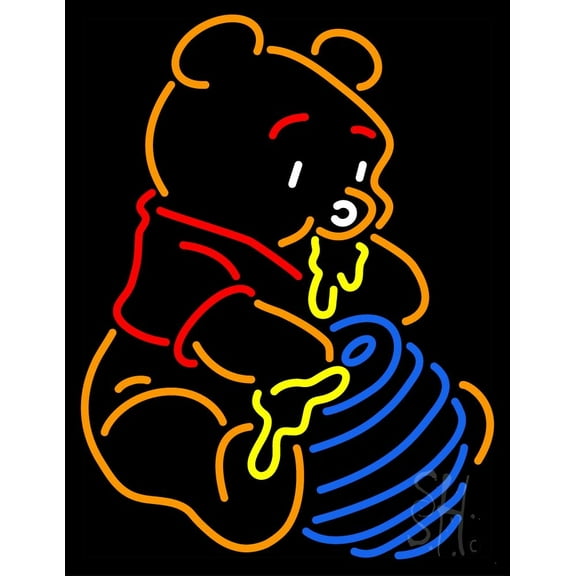 Pooh Eating Honey LED Neon Sign 19 x 15 - inches, Black Square Cut Acrylic Backing, with Dimmer - Bright and Premium built indoor LED Neon Sign for café, club, party, event and stroefront.