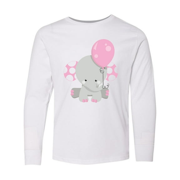 Inktastic Little Gray Elephant Holding A Pink Balloon Long Sleeve Youth T-Shirt