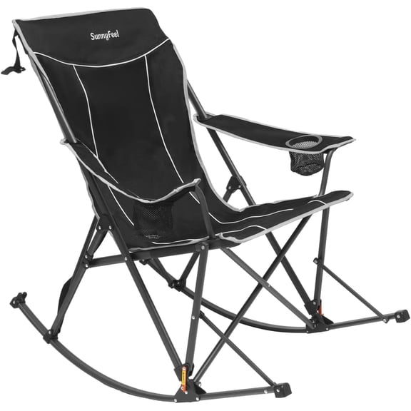SUNNYFEEL Oversized Folding Rocking Camping Chair with Buckle Design Outdoor Rocker High Back Lawn Camp Rocker Chair with Cup Holder Heavy Duty 500 LBS for Outdoor/Camping/Lounge/Patio with Carry Bag