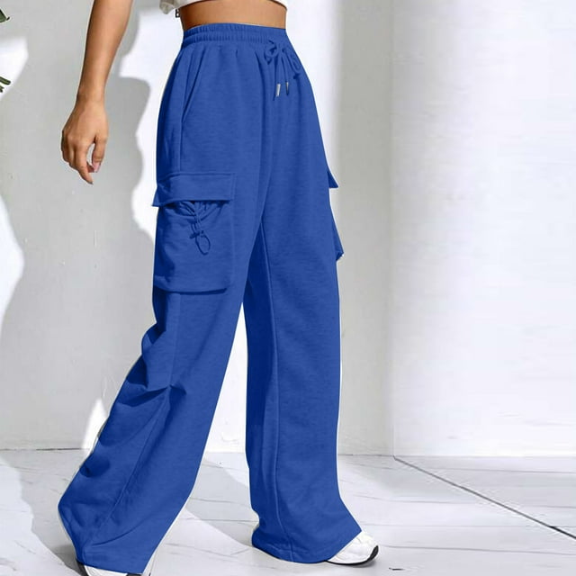 Jsaierl Womens Cargo Pants Elastic Waisted Drawstring Wide Leg Length Capris Solid Color Lounge Running Workout Pants with Flap Pockets