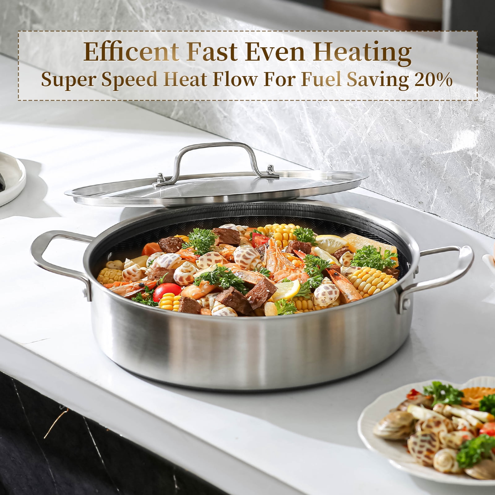 DELARLO 6QT Tri-Ply Stainless Steel Non Stick Braiser Pan with Lid,12inch Deep Frying Pan,Large Saute Pan Induction Compatible,Heavy Duty and Oven Safe