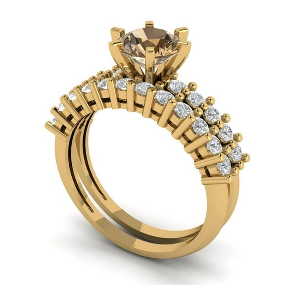 1.66 ct Brilliant Round Cut Champagne 18K Yellow Gold Solitaire with Accents Engagement Bridal Wedding Ring Band Set size 7