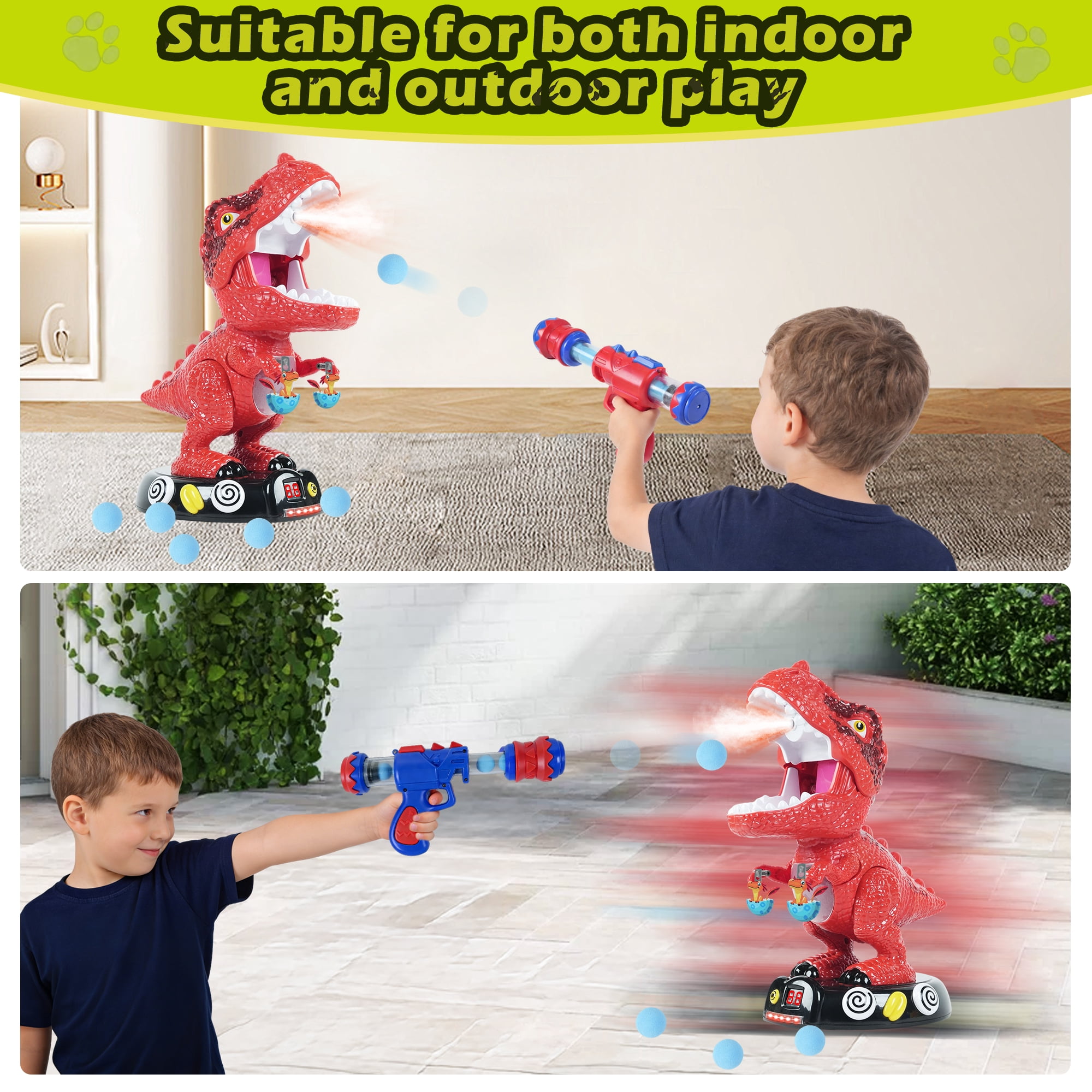 JUGAAD LIFE Dinosaur Shooting Toys for Kids, Movable Target Shooting Games with 2 Air Pump Blasters, 48 Foam Balls and LED Score, Birthday Gifts for 3 4 5 6 7 Years Old Boys - Orange