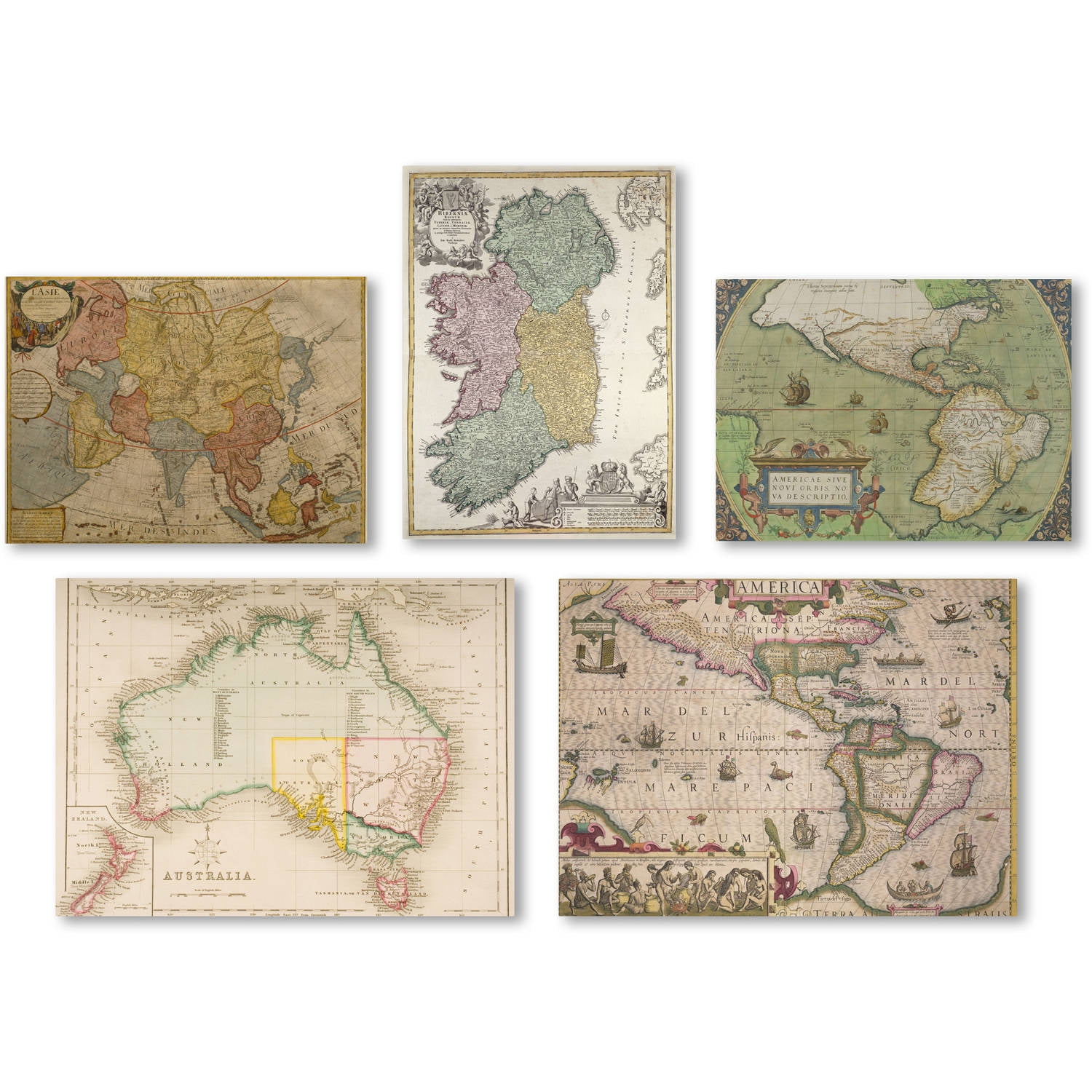 Trademark Fine Art "Vintage Maps Wall Collection 5 Panel Set" Canvas