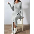 thumbnail image 5 of Womens Long Sleeve Sweater Dress Crew Neck Slim Fit Slit Tie Ribbed Knit Bodycon Midi Dress Fall Outfits Gray XL, 5 of 10