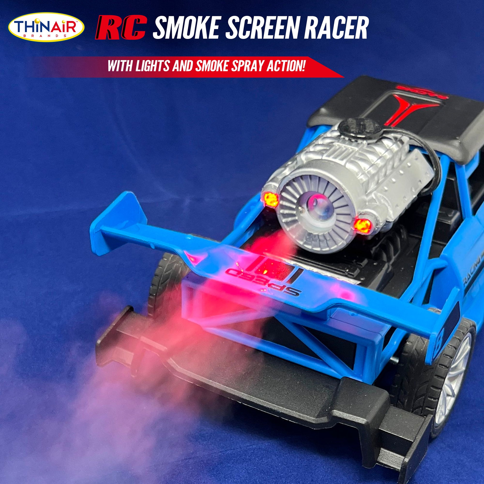 Hyper Drive: RC Smoke Screen Racer - Blue - Light-Up Remote Control Car, Spraying Vapor Mist, Toy Vehicle Performs Stunts & Tricks, 2.4 GHz, Kids 5+
