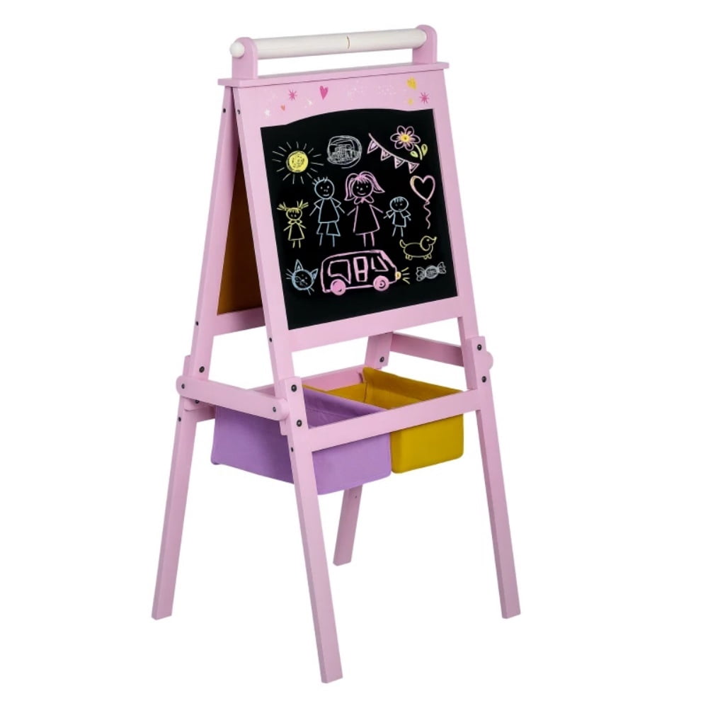 Pink 3-in-1 Kids Easel (Whiteboard + Blackboard + Paper Roll) - MDF A-Shape, with Storage Baskets & Drawing Paper, for 3+ Years Old