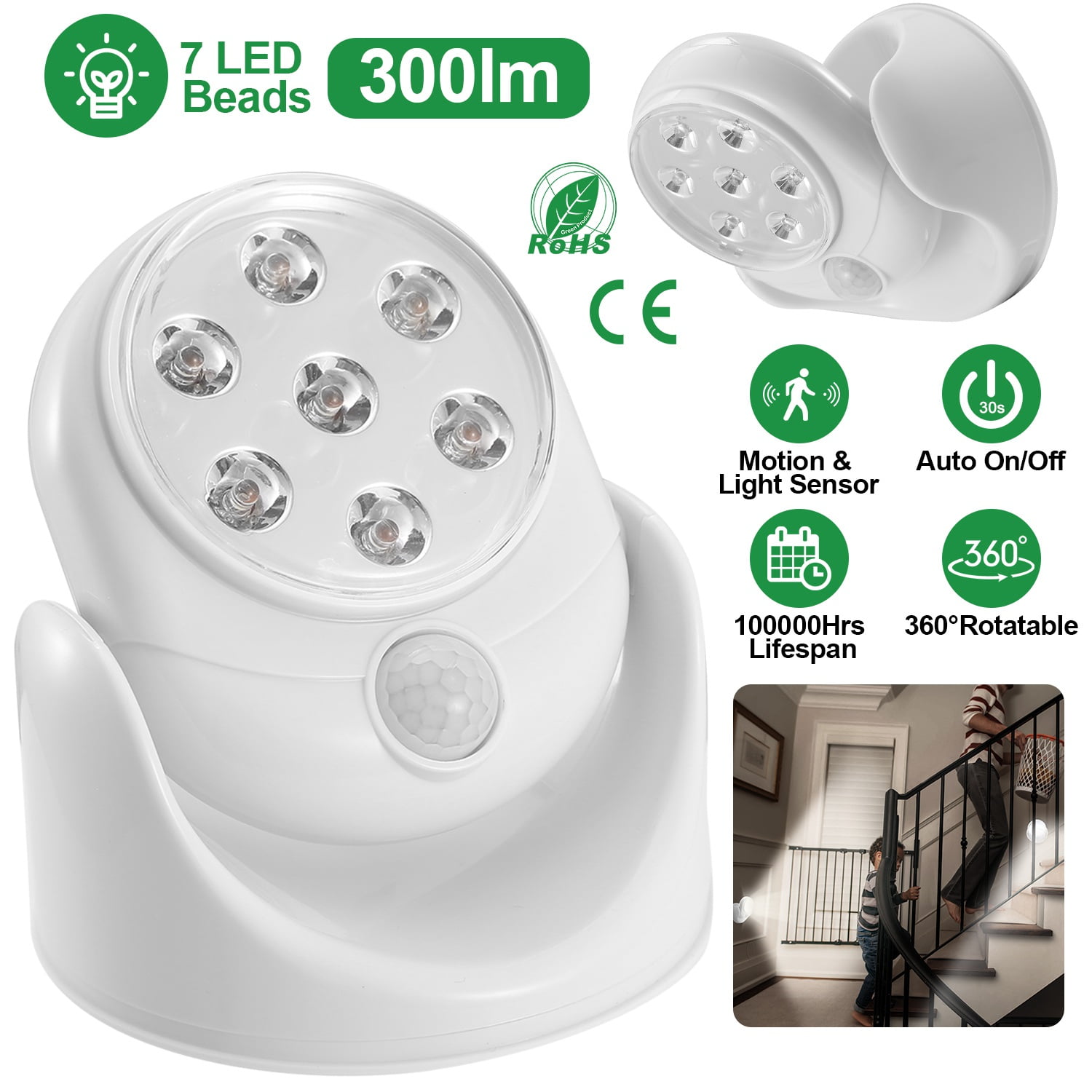 Cordless Motion Sensor LED Spotlight Battery Operated 360° Rotate Stair Light 
