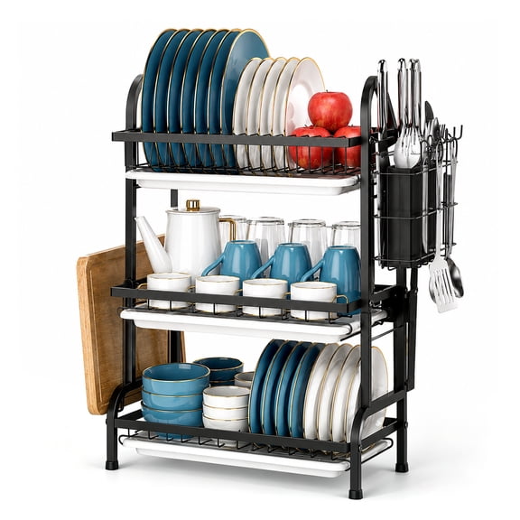 3 Tier Large Capacity Dish Drainer, Space Saving Countertop Kitchen Storage Rack Equipped with Cup Holder & Utensil Organizer, Multi-functional Dish Drying Rack for Daily Kitchen Counter Use