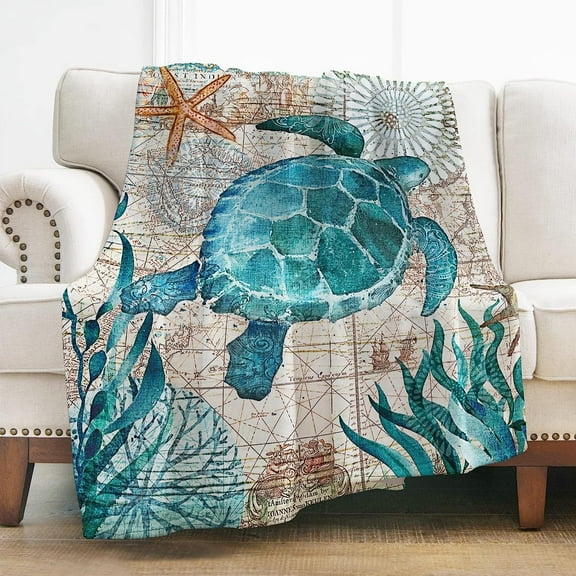 Sea Turtle Throw Blanket Gifts for Women Girls Kids, Vintage Ocean Animal Theme Decor for Couch Bed Sofa Travelling Camping, Birthday Christmas Soft Cozy Lightweight Blankets 50"x60"