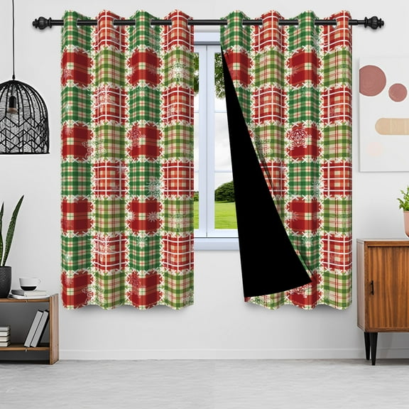 Nanqianyi Christmas Red Green Plaid Blackout Curtains Winter Snowflakes Holiday Living Room Window, 42"W x 84"L, 2 Panels