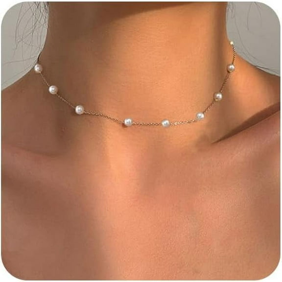Dainty Pearl Necklace for Women 14K Gold Plated Faux Pearl Choker Necklaces Trendy White Silver Small Pearl Necklace Strand Wedding Prom Bridal Pearls Jewelry 14/16/18/20 Inches