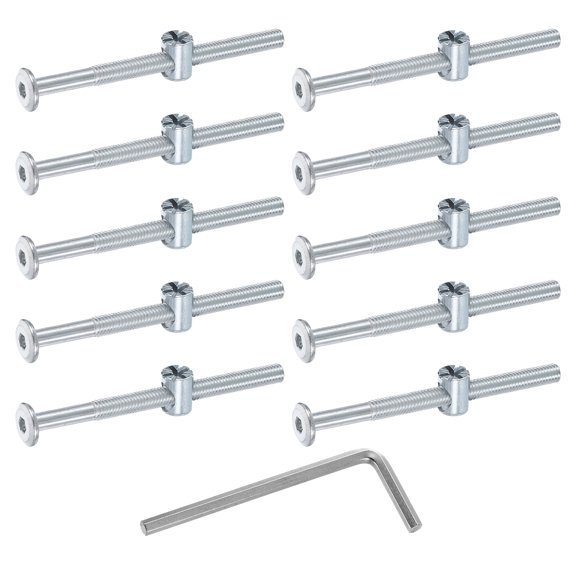 Uxcell 10 Pack Bed Frame Bolts, M6 x 80mm Hex Socket Head Screws Bolts Barrel Nuts Bunk Bed Bolts Furniture Screws with Rice-shaped Head Barrel Nut and Wrench for Chairs Cots, Silver
