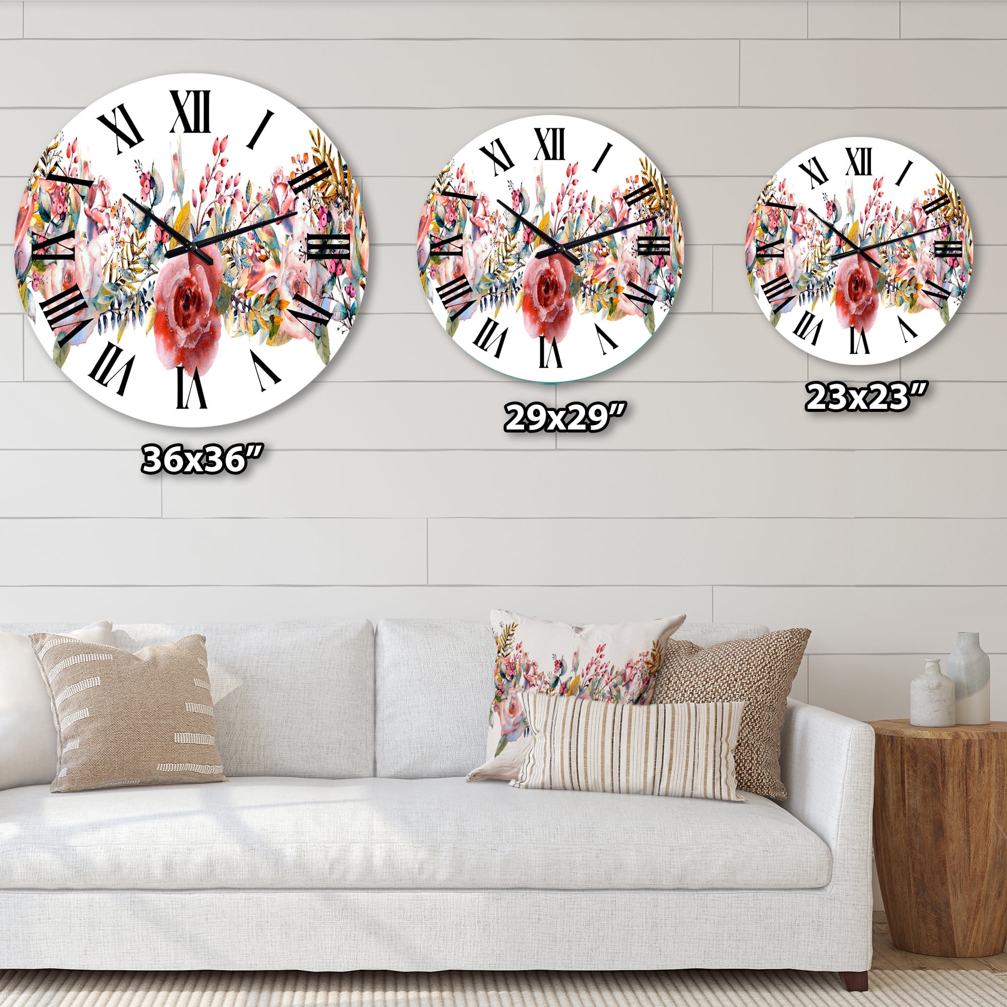 Designart 'Pink Roses And Wildflower' Farmhouse Wall Clock