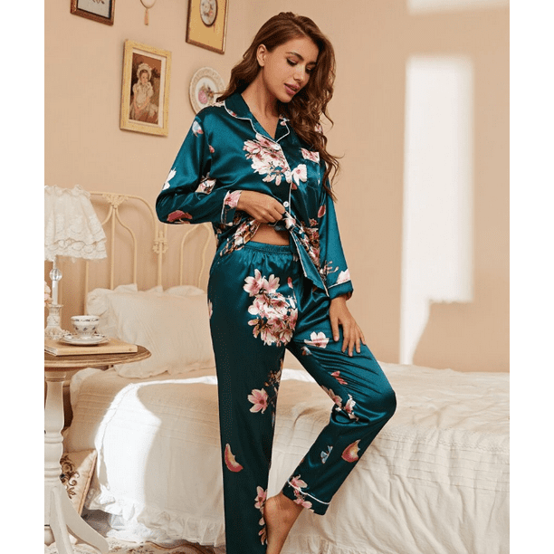 REDHOTYPE Fashion Elegant Women Satin Floral Print Button Front Lapel Night  Suit Homewear Pajama Party