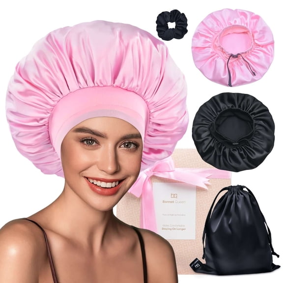 Elastic band adjustable Silky Satin Bonnet (Large, Black Pink, 4pcs Item Gift Pack)