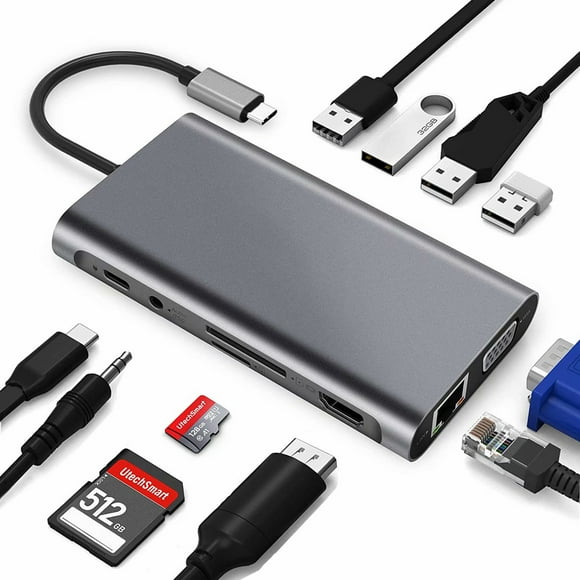 Usb C Adapter, Dual Display, 12 Port Aluminum Usb C Hub, With 4k-Hdmi, Vga, Usb 3.0 Ports, Type C Pd, Gigablit Ethernet Rj45, Sd / Tf Card Readers, Compatible Macbook Pro / Air, More Type C Devices