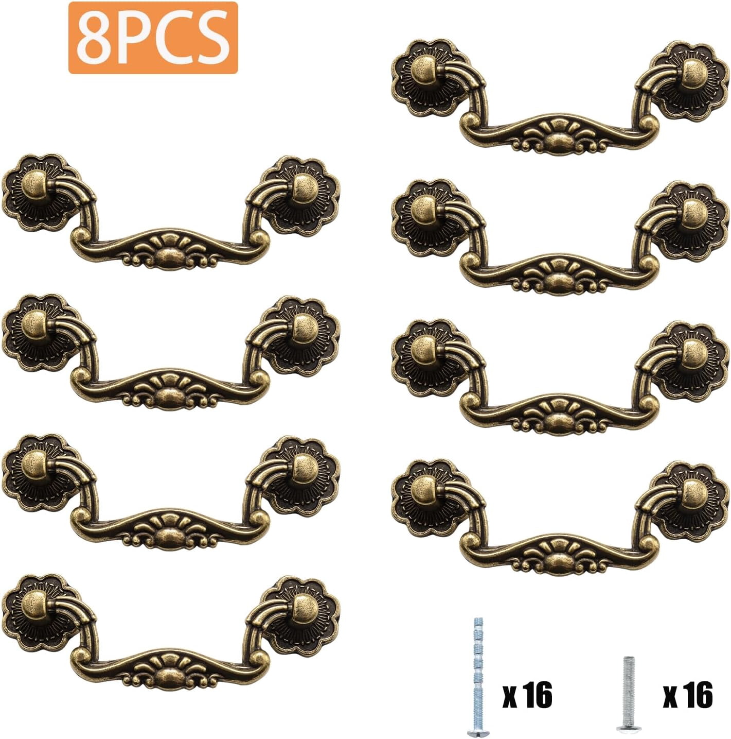 JJEAN-8 Pcs 3 Inch P01 Drop Drawer Handles Antique Brass(Gold) Cabinet Handle Drawer Pulls, with Mounting Screws, for Furniture Cupboard Wardrobe Kitchen Door