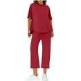 thumbnail image 3 of QATAINLAV Womens Half Sleeve Crew Neck Pullover Tops and Cropped Wide Leg Pants 2 Piece Outfits Fall Comfy Lounge Set, Red, XL, Gifts for Mom, 3 of 10