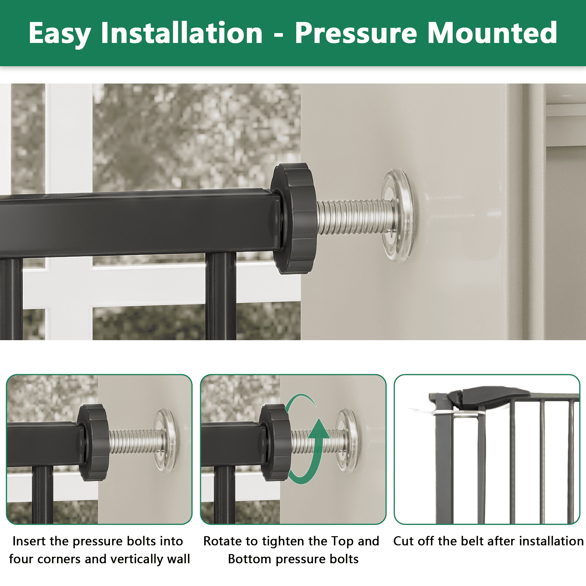 29.5"-44.1" Adjustable Baby Gate for Stairs, Pressure Mounted Pet Gate with No Drilling, Easy Walk-Through Safety Gate with Double-Lock, 31.1" Tall Steel Dog Gate for Doorways, Black