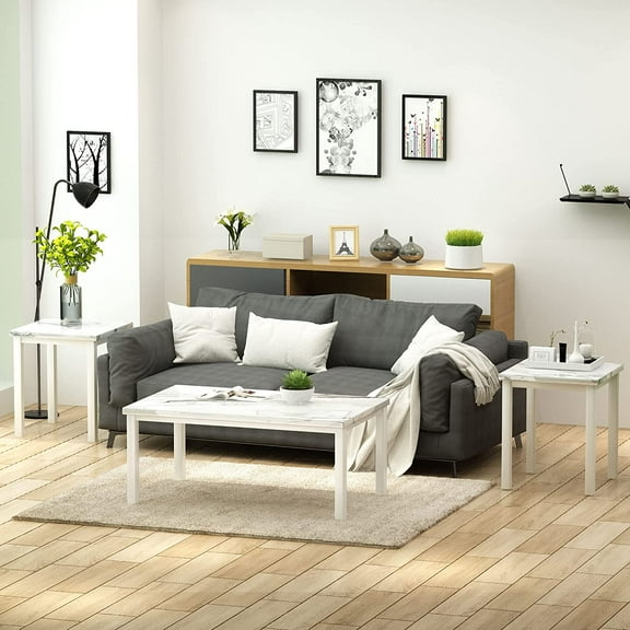 Recaceik Coffee Tables for Living Room 3 Piece Set,Living Room White Rectangular Coffee Table & 2 Accent End Tables,Table Set with Faux Marble Top,Apartment,Small Space,Easy Assembly