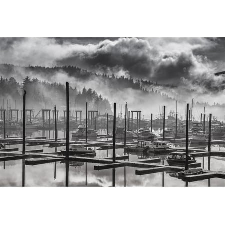 Black & White View of Fog & Mist Lifting Over Auke Bay Harbor Juneau Southeast Alaska Poster Print - 19 x 12 in.