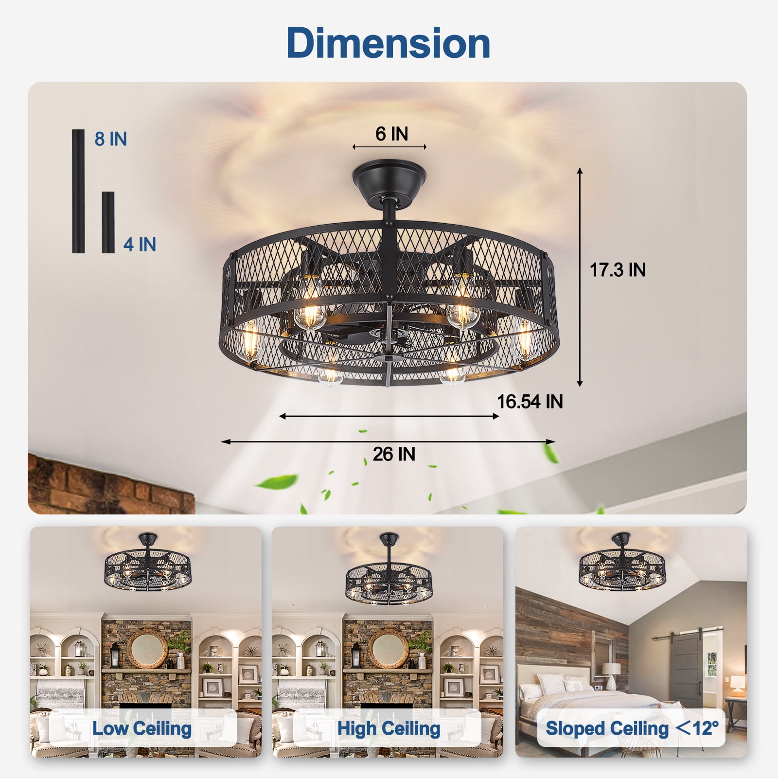 26-Inch Black Outdoor Ceiling Fan with Light: Ceiling Fan with Smart Remote Control, Farmhouse Cage Design, 6-Speed Reversible - Flush Mount for Patio, Kitchen, Bedroom