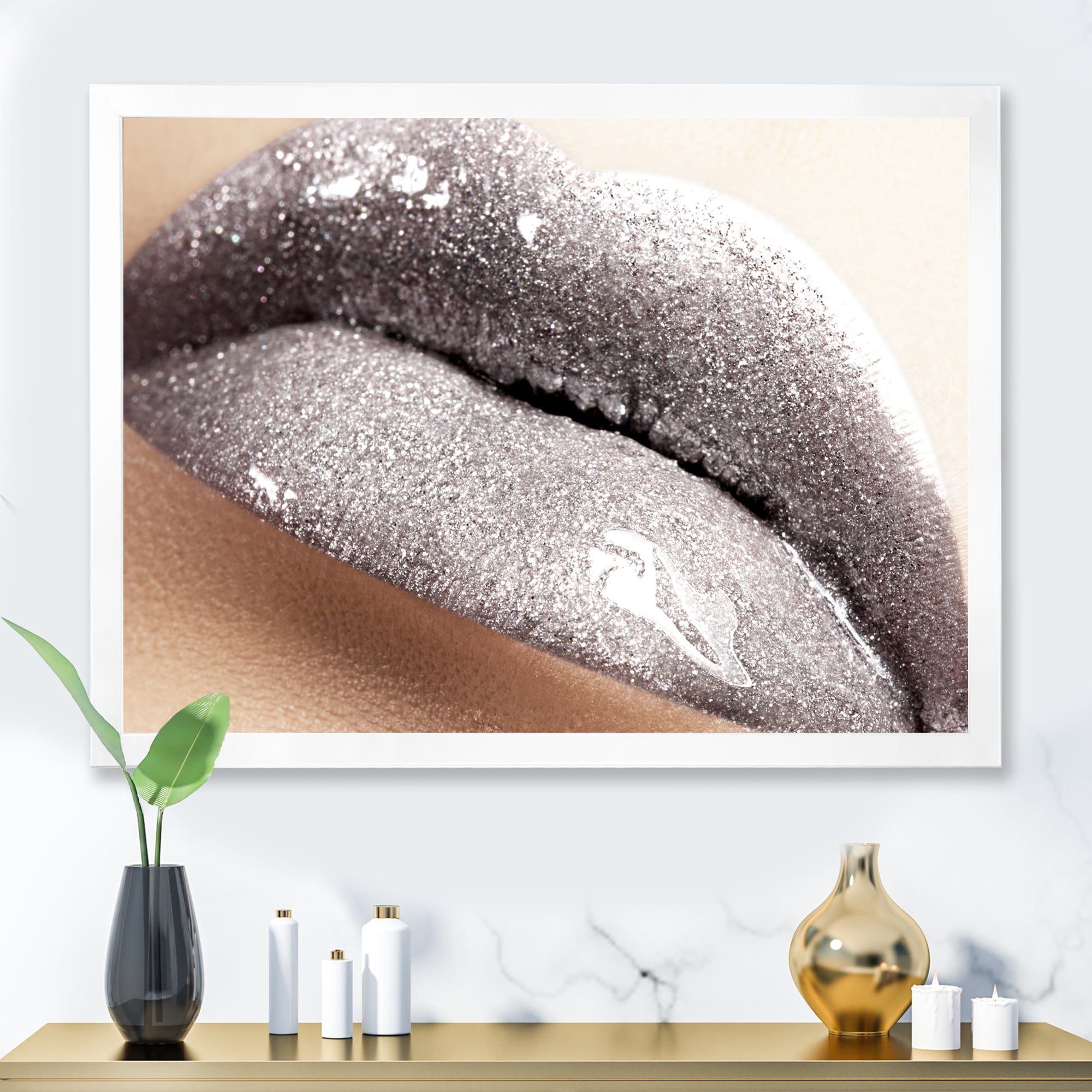 Designart 'Close Up of Female Lips With Glittering Silver' Modern Framed Art Print