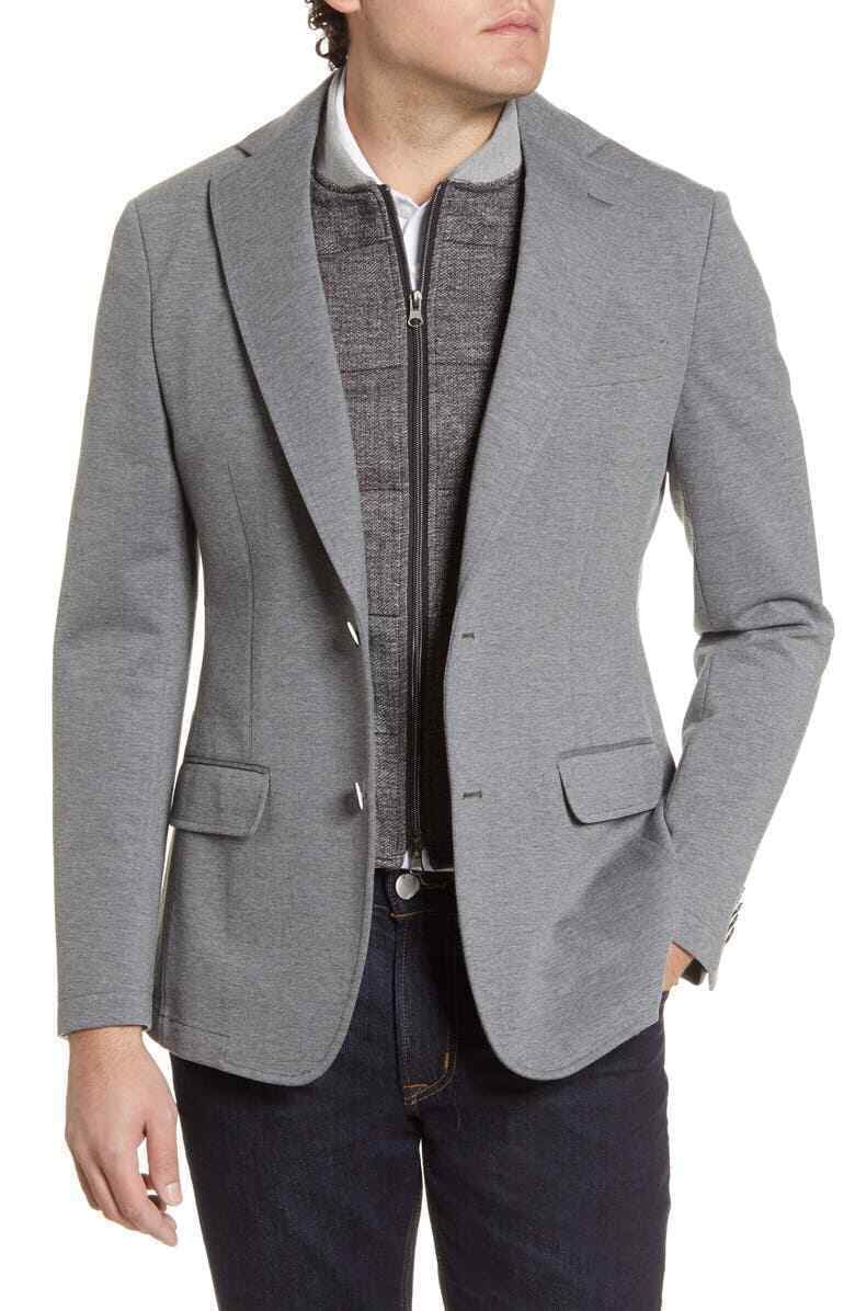 cole haan wool blend leather trim rib knit inset coat