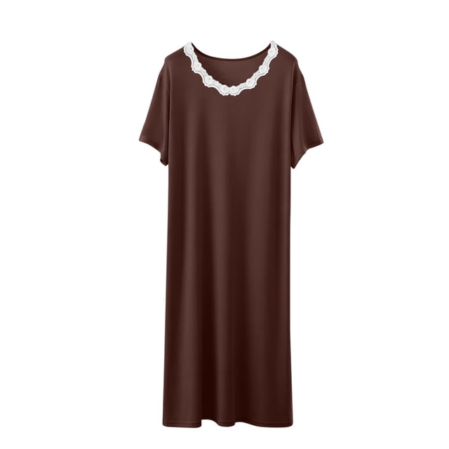 cfhntfmh Nuisette pour Femmes Col Rond Plissée Vêtement de Nuit Manches Courtes Bordure en Dentelle Chemise de Nuit Grande Taille Robe de Nuit de Printemps