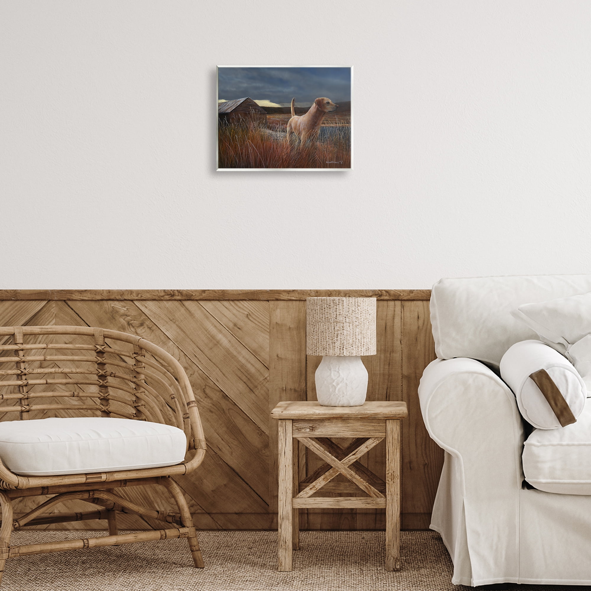 Stupell Industries Alert Dog by Cabin Landscape & Nature Painting Unframed Art Print Wall Art, 14 x 11