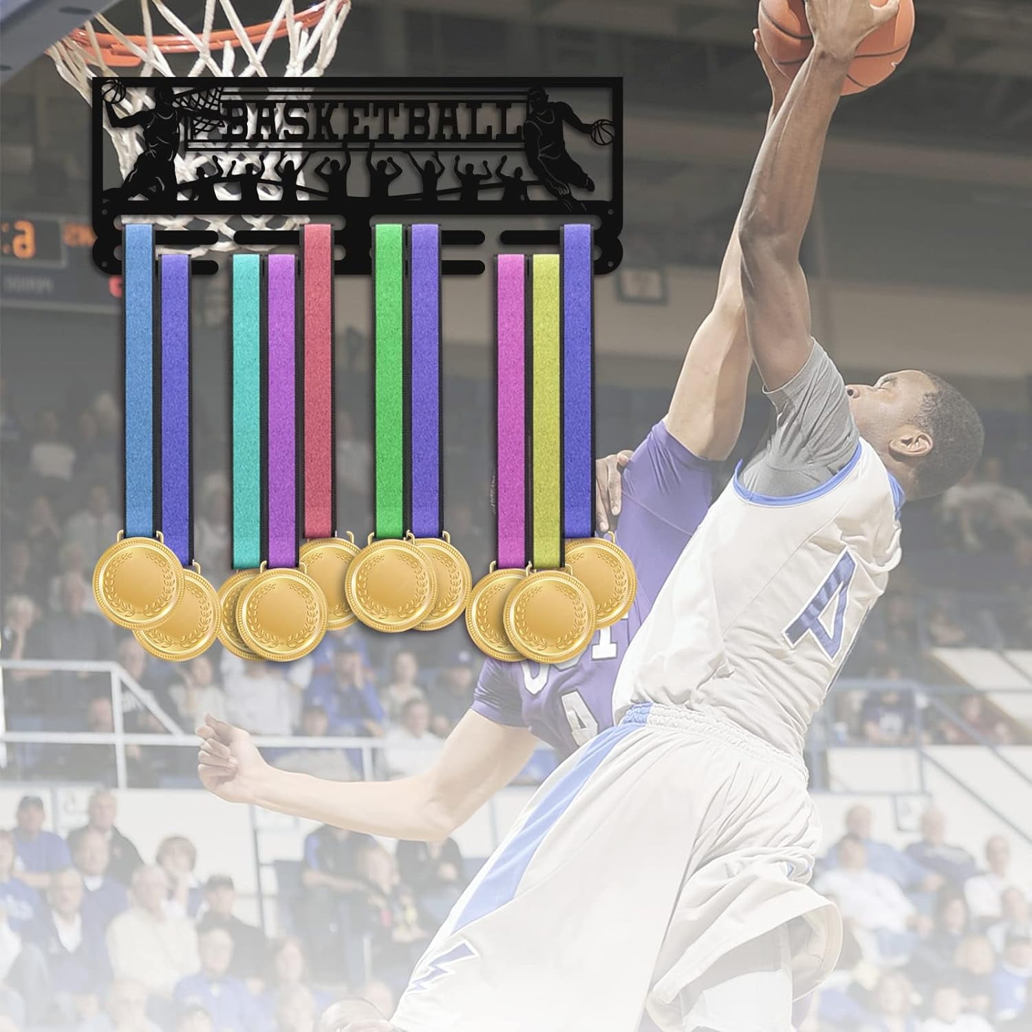 PH Basketball Medal Hanger Holder Trophy Display Rack Hanger Awards Ribbon Cheer 2 Lines Sport Award Rack Wall Mount Iron Frame for Over 50 Medals Necklace Jewelry 15.75 Inch/40cm for DIY