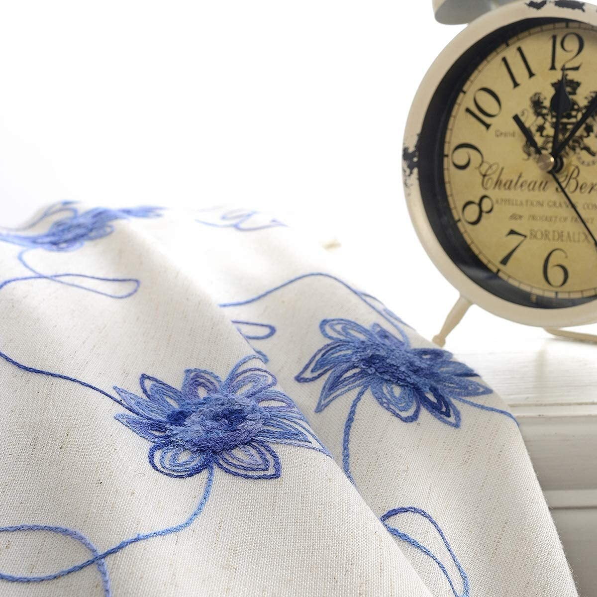 VOGOL Blue Floral and Vines Embroidery Linen Curtain Window for Bedroom Living Room, Light Filtering, Top Grommet, 2 Pieces, W52"xL84"