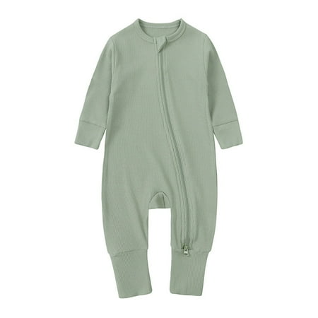 

Baby Ribbed Pajamas Girls Boys Zipper Long Sleeve Romper Jumpsuit Baby Bodysuit Long Sleeve Light Green 24M