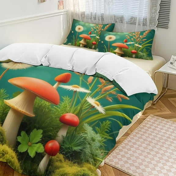 Enchanted Forest Mushroom Scene 3D Duvet Cover Set Quilt Cover Theme of teenager for Bedroom Decoration