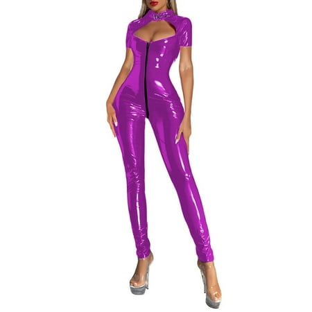Women s Sexy Long Sleeve PVC Leather Jumpsuit Lingerie Zipper Crotch Party Bodysuit Sexy Catsuit Clubwear