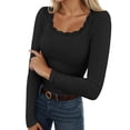 thumbnail image 2 of Letdown Womens Lace Square Neck Ribbed Long Sleeve T Shirt Slim Fit Soft Stretch Casual Top (Black,S), 2 of 6