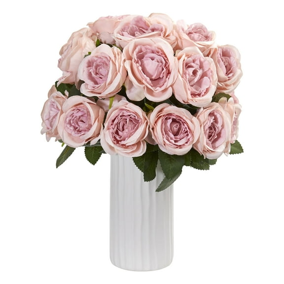 Nearly Natural Rose Artificial Flower Arrangement in White Vase, Pink