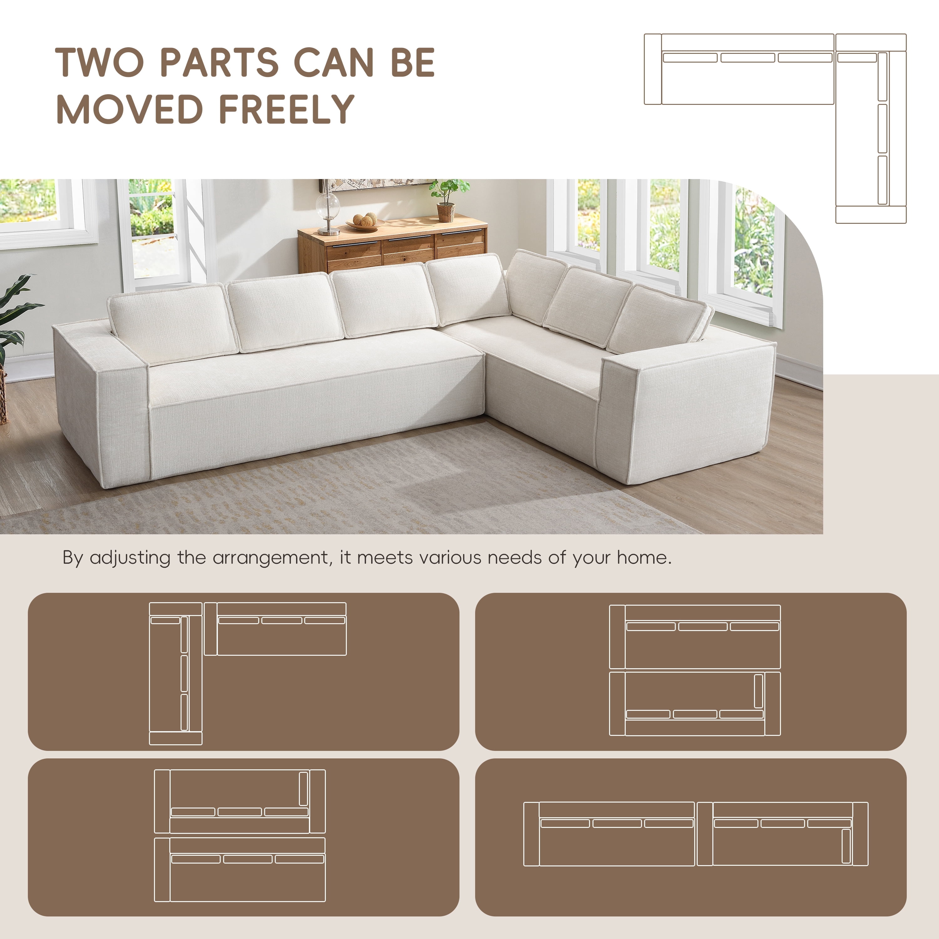Euroco 129.5" Minimalist Style Modular Sectional Sofa,6 Seat Wrinkle-resistant Chenille Couch Set,2 PC Free Combination,Modern L-Shaped Cloud Sofa Set for Living Room,No Assembly Require