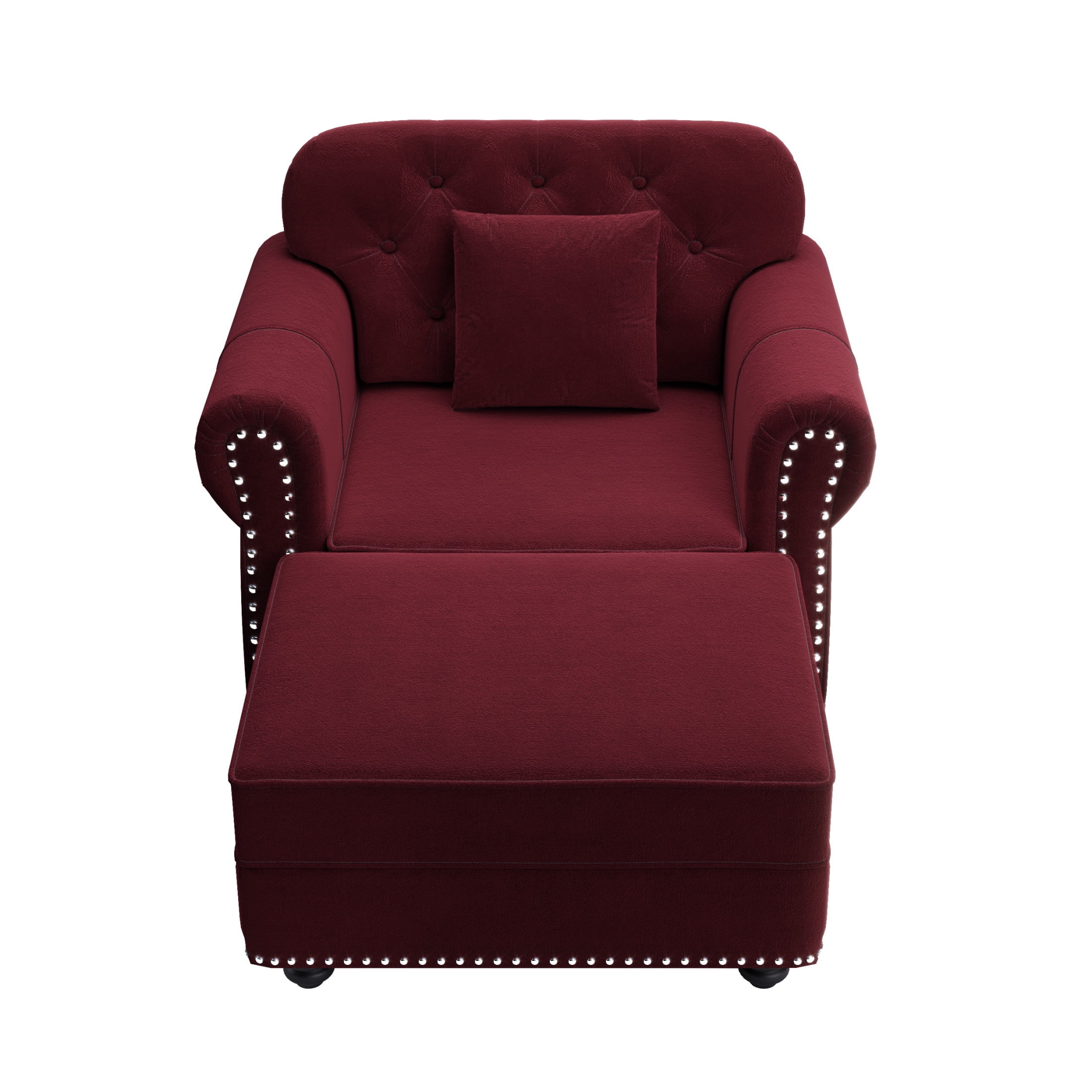 Noble House Kieran 1-Seater Velvet Chesterfield Sofa, Modern Tufted Armchair with Nailhead Trim and Ottoman, Burgundy