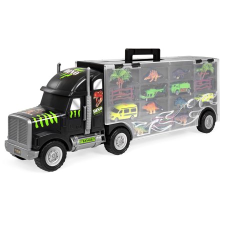 Best Choice Products 22in 16-Piece Kids Giant Transport Semi-Truck Carrier w/ Dinosaur Figures, Helicopter, Jeep, Cars, Fence, Trees, Bushes - (Best Cars To Wrap)